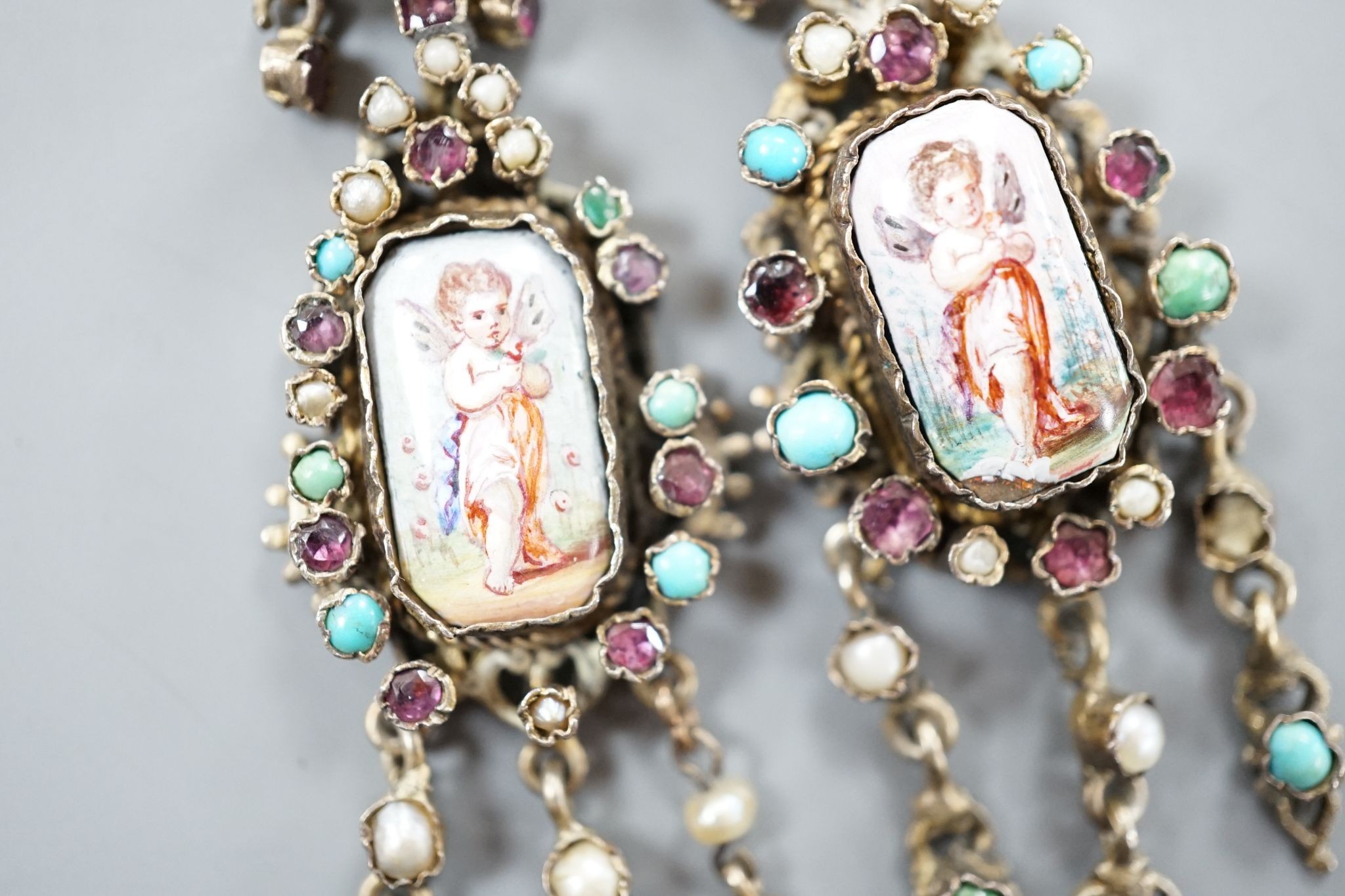 A pair of 19ct century Austro-Hungarian? gilt white metal, enamel and semi=precious gem set drop earrings, 7cm.